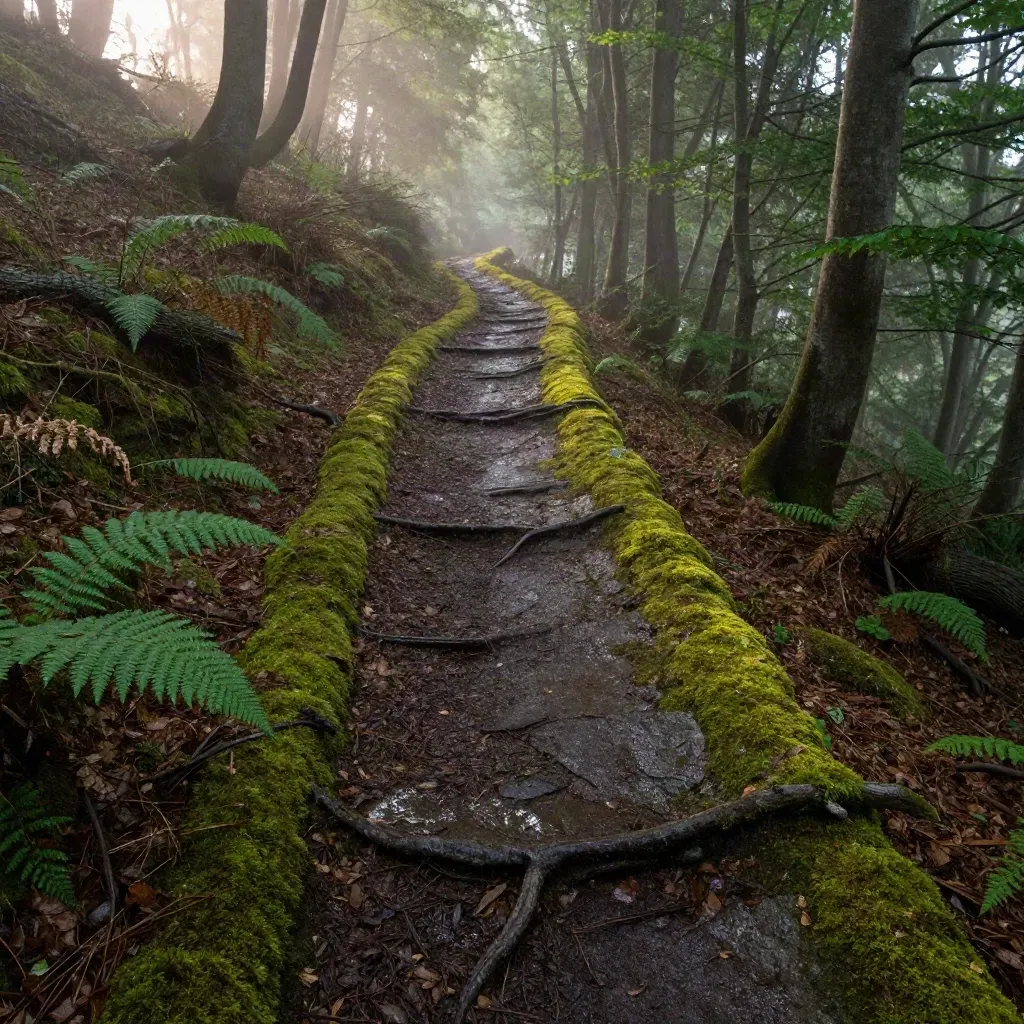 Moosiger Waldweg mit Farnen, feuchten Steinen und sanftem Licht von oben.