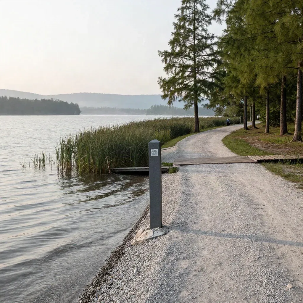 Flacher Uferweg am See mit ruhigem Wasser, Morgennebel und Startpunkt für eine Wanderung.