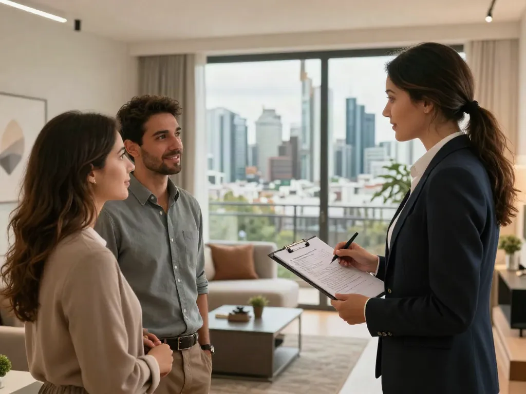 Der beste Immobilienmakler Frankfurt präsentiert eine moderne Wohnung mit interessierten Käufern.
